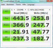 Crystal Disk Mark: 443 MB/s (seq. r.)