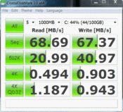 Crystal Disk Mark 68/67 MB/s read/write