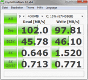 Crystal DiskMark 3.0: 102 MB/s sequential read