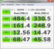 Crystal Disk Mark 3.0: 484/330 MB/s reading/writing