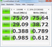 Crystal Disk Mark 3.0: 75 MByte/s read