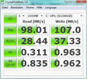 Crystal Disk Mark 98 MB/s read / 107 MB/s write