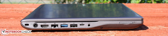 Left side: Kensington lock, power connector, HDMI, Gigabit LAN, USB 3.0, USB 2.0, VGA (via adapter), headphone / mic combo, card reader