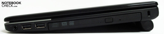 Right: Combined audio in/out, 2xUSB, optical drive, Kensington security slot