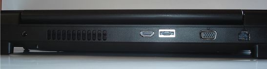 Back side: Power socket, HDMI, eSATA, VGA, LAN, Kensington lock