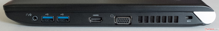 Left: Audio in/out, 2x USB 3.0, HDMI, VGA, vent, Kensington