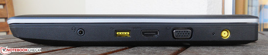 Right: Headset jack, USB 2.0, HDMI, VGA, power socket