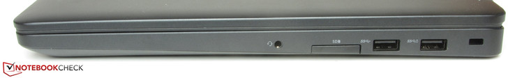 Right side: combo audio, memory-card reader, 2x USB 3.0, slot for a Kensington lock