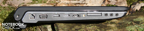 Left: LAN, VGA, DisplayPort, HDMI, ExpressCard34, Mic, 2 x Line-Out