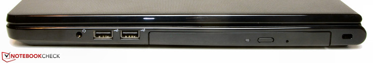 Right side: combined-stereo jack, 2x USB 2.0, DVD burner, slot for a Kensington lock