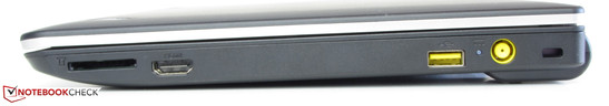 Right: Memory card reader (SD, MMC, Memory Stick, Memory Stick Pro), HDMI, USB 2.0, power socket, Kensington lock slot