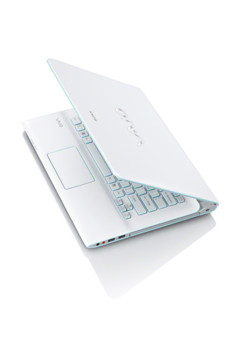 Press release image. Vaio E14P White partially open view showing aqua blue accents..