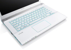 Press release image. Vaio E14P White keyboard view showing aqua blue accents.