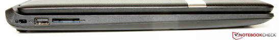 Left: Kensington lock slot, USB 2.0, memory-card reader.