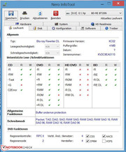 According to the Nero Info tool, the burner can read and write any type of Blu-Ray disc, DVD or CD.