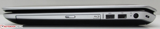 Right side: Kensington lock, Power outlet, USB 2.0, USB 3.0, Blu-ray combo drive