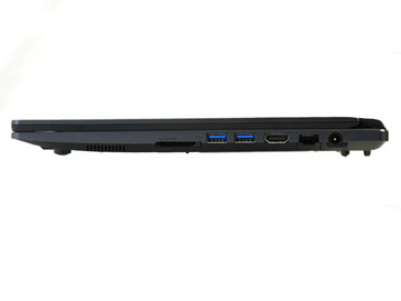 Right: SD card reader, 2x USB 3.0, HDMI, Ethernet, AC