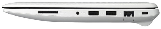 Right: memory card reader, combo audio jack, 2x USB 2.0, Ethernet port, Kensington lock slot (picture: Asus).