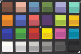 ColorChecker-Farben abfotografiert. In der unteren Hälfte jedes Patches ist jeweils die Originalfarbe abgebildet.