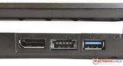 USB 3.0, eSATA-/USB-Combo und DisplayPort connectors on the sides.