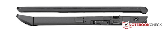 Right side: DVD writer in modular drive bay, 2x USB, power