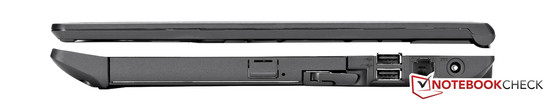 Right side: DVD writer in modular drive bay, 2x USB, power