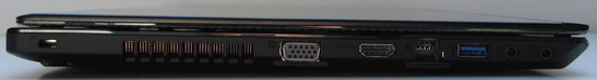 left: Kensington lock, VGA, HDMI, Gigabit-Ethernet, USB 3.0, headphone, microphone