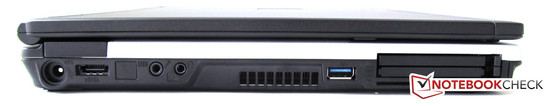 Left: Power, eSATA, 2 audios, USB 3.0, PC Card, PC Card Express, SmartCard reader