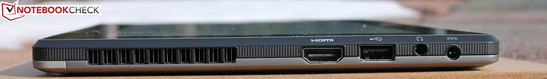 Left: Active cooling (vent), HDMI, USB 2.0, headphones, power
