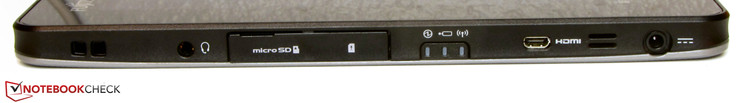 Left: combo audio, micro-SD, SIM slot, micro-HDMI, power socket