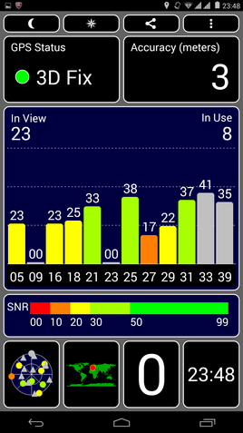 ...outdoors, the tablet discovered its precise location with the GPS Test app.