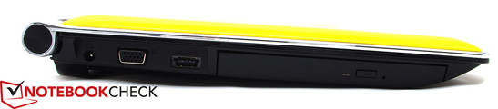 Left: Power socket, VGA, eSATA/USB 2.0, Blu-ray drive.