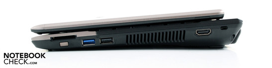 Right: Cardreader (SD/MMC/MS/MS Pro), function button, 2 USB 3.0s, HDMI, Kensington
