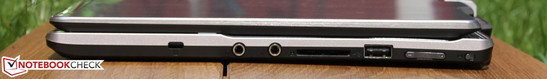 Right side: Kensington lock, Line In (reinforced with metal), Line Out (reinforced with metal), card reader, USB 2.0, volume rocker, rotation lock