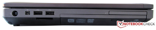 Left: 1 IEEE1394, 2 USB 2.0, 1 card reader, DVD burner, PC ExpressCard
