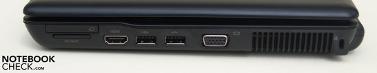 Right side: ExpressCard/34, card reader (SD, MMC), 2x USB, VGA, vent, Kensington Lock