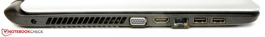 Left side: power connection, VGA output, HDMI, Ethernet port, 2x USB 3.0
