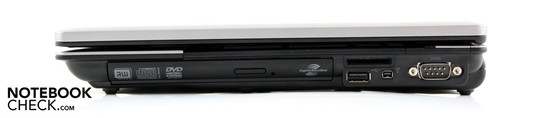 Right: DVD-burner Lightscribe, USB 2.0, FireWire, card reader, seriel D-Sub (RS232, 9 pin)