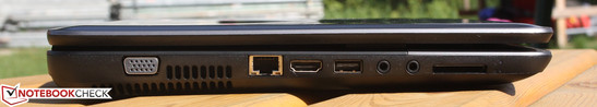 Left side: VGA, RJ-45, HDMI, USB, 2 x audio, card reader, status LED HDD/battery