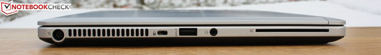 Left side: power connector, Kensington, USB 3.0, combined audio, SmartCard