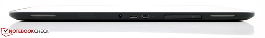 Bottom: AC, Micro-USB, Micro-HDMI, Micro-SD card reader (under flap)