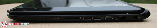 Right side: Media card reader (SD, MMC), 2x USB 3.0, HDMI, Ethernet, power connection