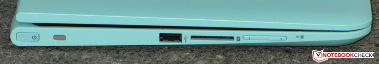 Left side: power button, slot for a cable lock, USB 2.0, card reader, volume rocker