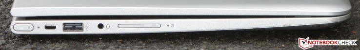 Left side: power button, slot for cable lock, USB 2.0 (Type-A), combo-audio jack, volume rocker