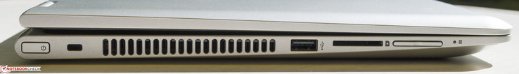 Left: power button, Kensington lock, vent, USB 2.0, SD-card reader, volume control