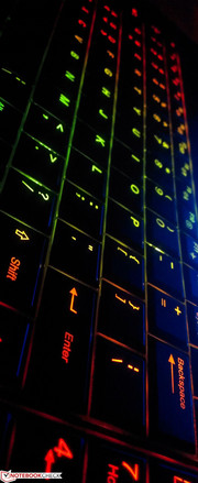 Like most other Clevo-based systems, the keyboard backlight is split into 3 sections with multiple color options