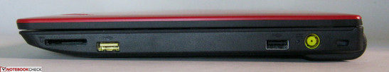 Right: 4-in-1 card reader, 2X USB 2.0, AC, Kensington lock