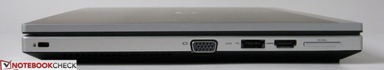 Left: Kensington lock, VGA-out, eSATA/USB 2.0, HDMI-out, 2-in-1 card reader