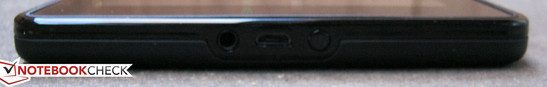 Front: 3.5mm headphone jack, micro USB 2.0, Power button