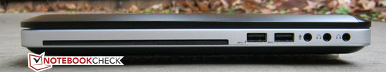 Left: Slot-loading DVD drive, 2x USB 3.0 (1x always-on), 3.5mm mic, 2x 3.5mm headphone